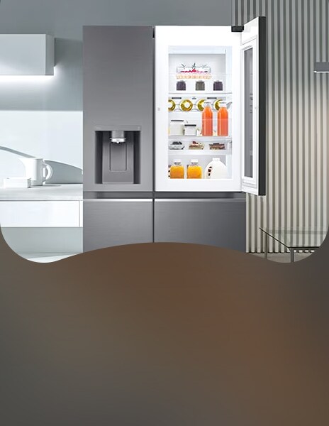 LG side-by-side fridge with door-in-door open showing drinks in a modern kitchen